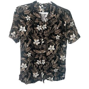 Express Black Casual Button Down Shirt with Floral Design